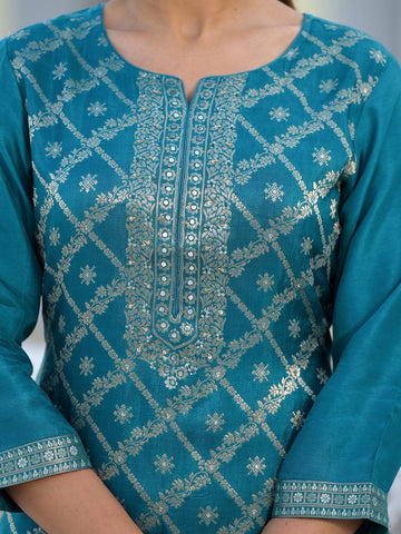 Varanga Women Round Neck Embellished Woven Design Kurta Paired With Bottom And Dupatta